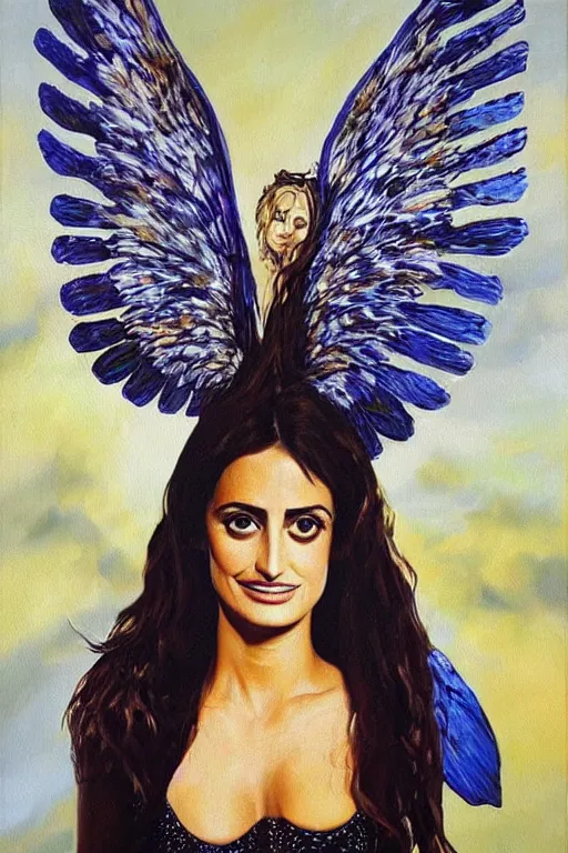 Image similar to oil painting, portrait of penelope cruz with wings, artwork by salvador dali