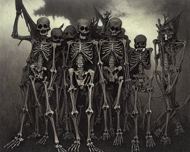 Image similar to satanic skeleton gang emerge from the cemetery on a dark night by zdzisław beksinski and gustave dore and alphonse mucha