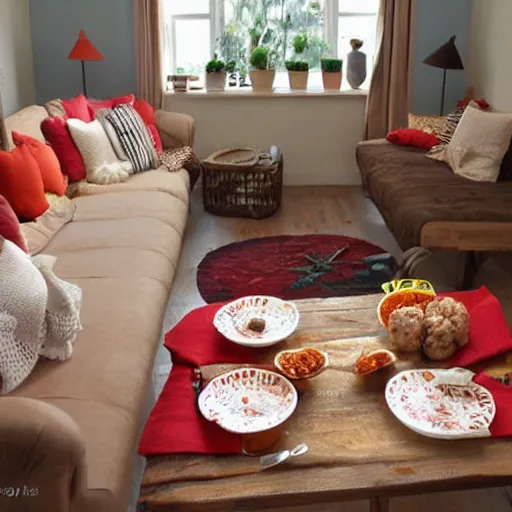 Image similar to spaghetti and meatballs shaped into a living room set