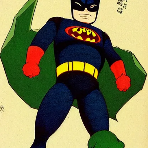 Image similar to a japanese menko print of batman, art by akira toriyama - ralph mc quarrie - jamie hewlett.