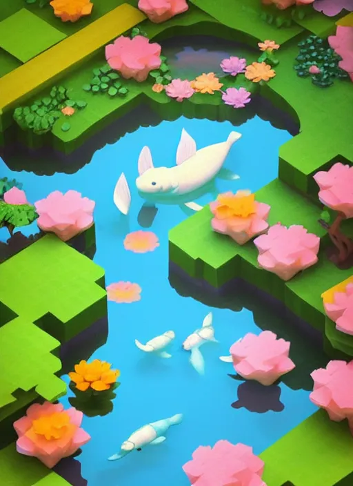 Image similar to pastel cute voxel art of a koi pond, behance, artstation, cute, Japanese, 3d render, unity, beautiful lighting, extremely beautiful, Huang Guangjian and Gil Elvgren and Sachin Teng , Greg Manchess