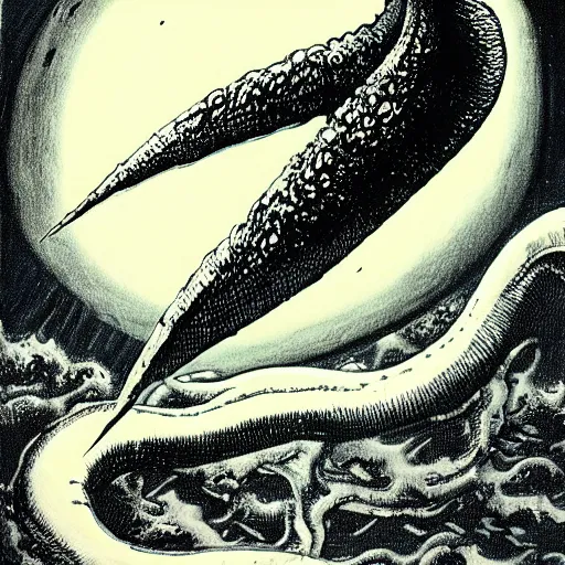 Prompt: drawing of a giant squid attacking a spaceship above an alien landscape, vintage sci-fi, nineteen seventies, pulp style, highly detailed, by Roland Topor