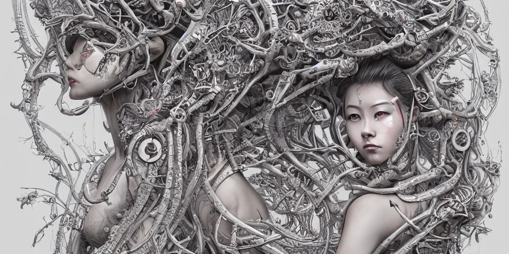 Image similar to hyperrealistic photography of a highly detailed and symmetrical gorgeous female demigorgon deconstructing an ark machine in the style of Jin Kagetsu, James Jean and wlop, highly detailed, face symmetry, masterpiece, award-winning, sharp focus, intricate concept art, ambient lighting, 8k, artstation