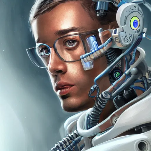 Image similar to portrait of cyborg scientist by jama jurabaev, extremely detailed, trending on artstation, high quality, brush stroke