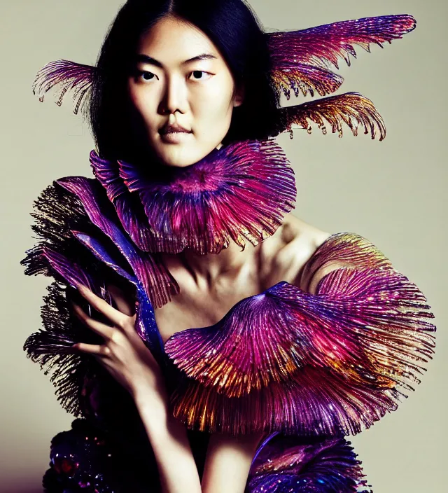 Image similar to photography american portrait of liu wen, natural background, sensual lighting, natural fragile pose, wearing stunning dress by iris van herpen, with a colorfull makeup. highly detailed, skin grain detail, photography by paolo roversi, nick knight, helmut newton, avedon, araki