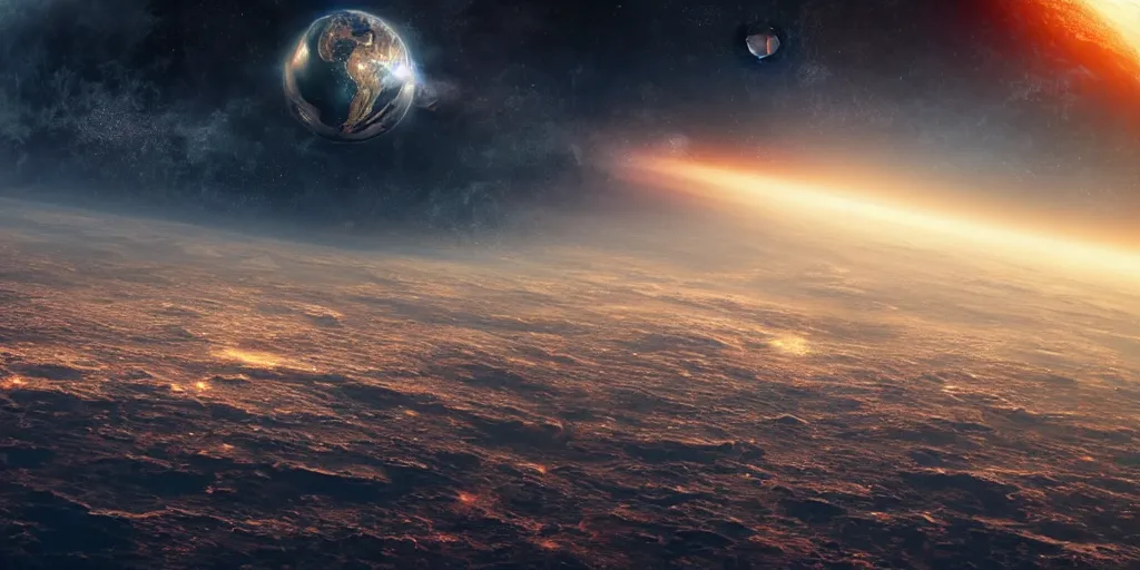 Prompt: view from 2 5 0 million miles in distance. a highly accurate depiction of earth broken into halves and floating in space. dramatic lighting, highly coherent, highly detailed, epic, digital art, fifth element, dystopian, octane 3 d render.