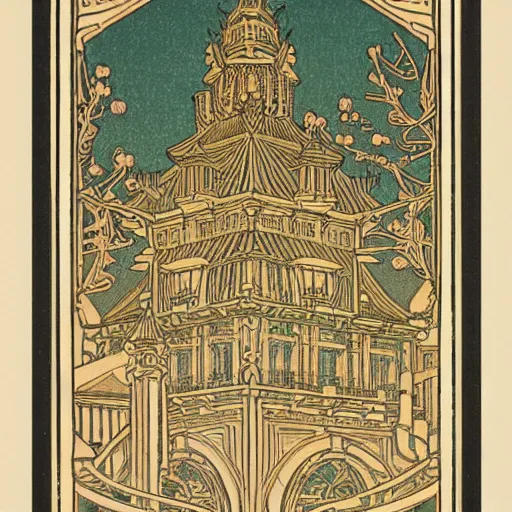 Prompt: Chambéry castle woodblock print. with ornamentation by Mucha