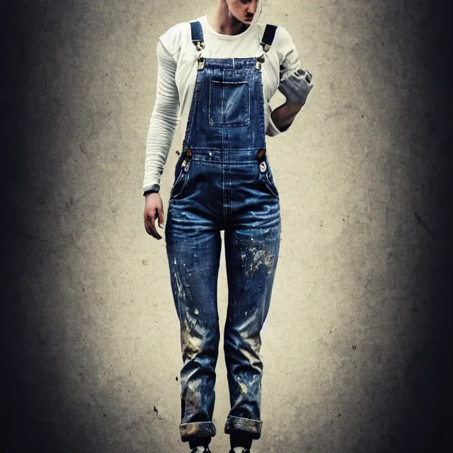 Image similar to full body pose, beautiful adult woman, short white hair shaved sides, dirty, grungy, grunge, long sleeve, painted overalls, stacks of giant books, highly detailed, 4 k, hdr, smooth, sharp focus, high resolution, award - winning photo, artgerm, photorealistic