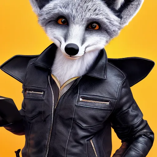 Image similar to realistic photograph of an anthropomorphic fox wearing a black leather jacket, yellow T-shirt and blue jeans, 4k detailed fur