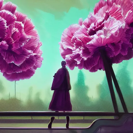 Prompt: giant carnation flower head, woman in metro station, surreal photography, dramatic light, impressionist painting, digital painting, artstation, simon stalenhag