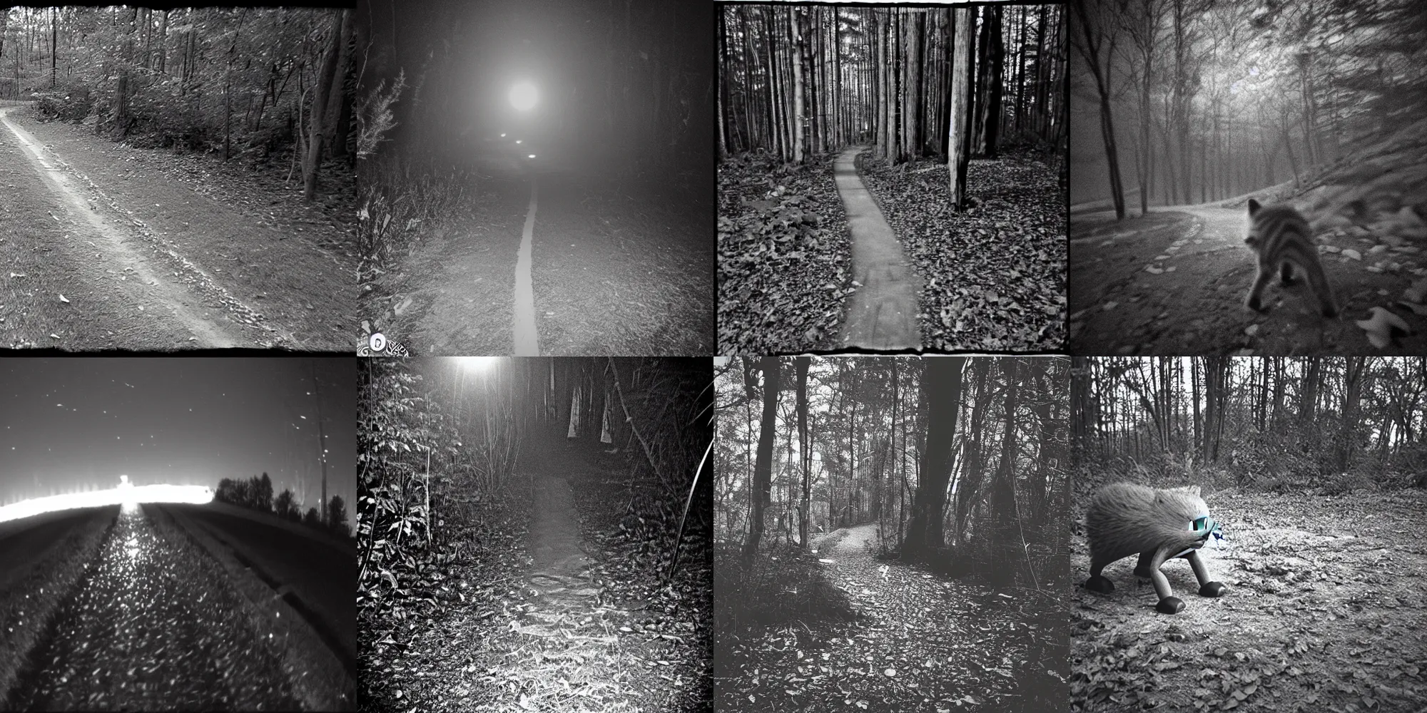 Prompt: trail cam footage of Sonic, at night, black and white, creepy
