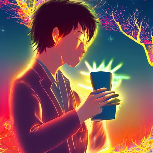 Image similar to A man drinking a cup of cosmic energy bright light by Masafumi Harada, 4k, digital art, surreal, anime style, Park Sung-woo Red Ice style