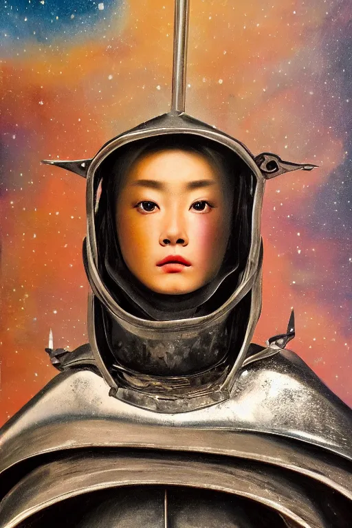 Image similar to hyperrealism oil painting, close-up portrait of medieval fashion model, knight, steel gradient mixed with nebula sky, in style of baroque mixed with 70s japan book art