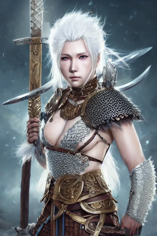 Image similar to A realistic anime portrait of a beautiful white haired female barbarian wearing an intricate viking armor, digital painting, by Stanley Artgerm Lau, Sakimichan, WLOP and Rossdraws, digital painting, painterly, Pixiv, Deviantart, golden ratio, rule of thirds, good composition, HD, 8k, award winning, promo art, splash art, rpg, jrpg, dungeons and dragons, DND, trending on ArtStation