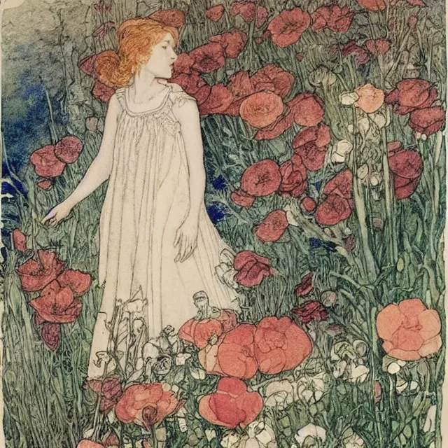 Image similar to a detailed, intricate watercolor and ink portrait illustration with fine lines of young 1 4 year old saoirse emma ronan watson looking over her shoulder, among flowers, by arthur rackham and edmund dulac and walter crane