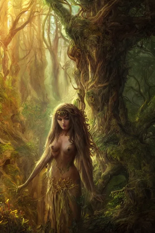 Image similar to portrait of a dryad, fantasy painting, dryad priestess inspired by brian froud, inspired by dungeons and dragons, mysterious, in an evening autumn forest, trending on art station, sunset evening lighting, ominous shadows by jessica rossier