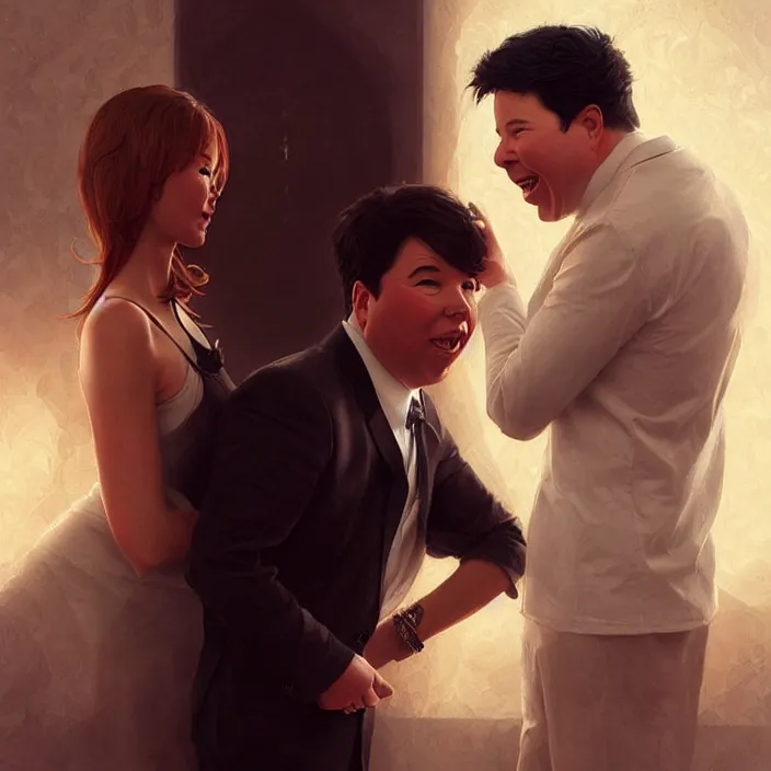 Prompt: michael mcintyre flirting with a singing waitressa, elegant, real life skin, intricate artwork, high detailed, artstation, concept art, smooth, sharp focus, art by artgerm and greg rutkowski