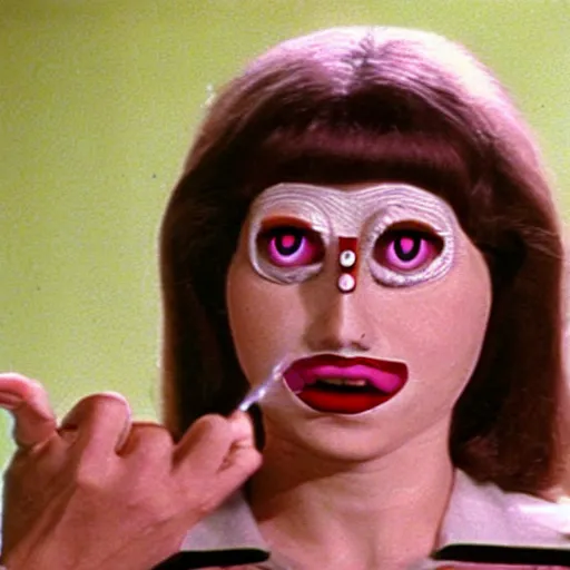 Prompt: woman with prosthetic nose enters an eyeball cult, 1977 live-action children's tv show, color