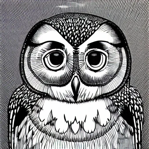 Prompt: manga and white illustration head of a owl, super detailed, by asano inio, high contrast, scene