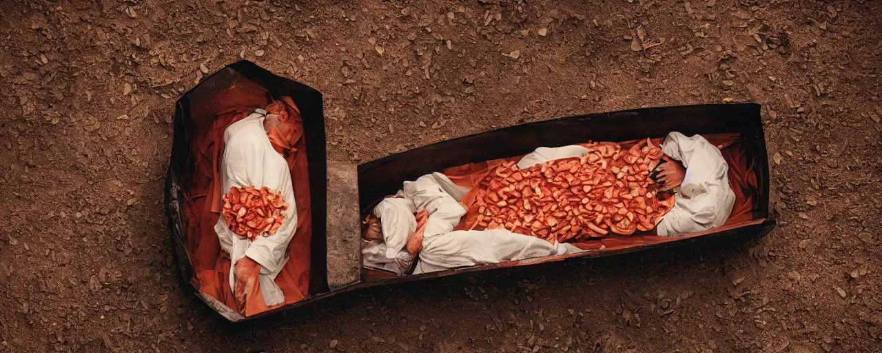 Image similar to a person buried inside a coffin made of ravioli, funeral ceremony, canon 5 0 mm, cinematic lighting, photography, retro, film, kodachrome