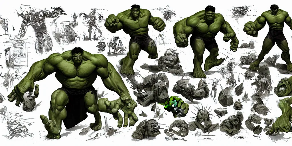 Image similar to hulk, character sheet, concept design, contrast, kim jung gi, greg rutkowski, zabrocki, karlkka, jayison devadas, trending on artstation, 8 k, ultra wide angle, pincushion lens effect