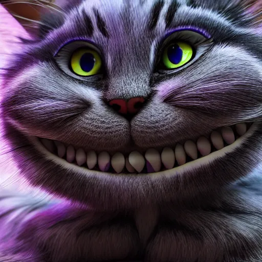 Image similar to full body pose, hyperrealistic photograph of the cheshire cat as a kitten, dim volumetric lighting, 8 k, octane beautifully detailed render, extremely hyper detailed, intricate, epic composition, cinematic lighting, masterpiece, trending on artstation, very very detailed, stunning, hdr, smooth, sharp focus, high resolution, award, winning photo, dslr, 5 0 mm