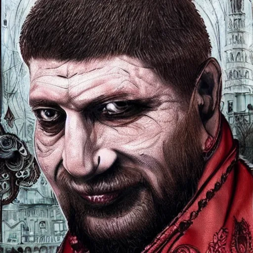 Image similar to ramzan kadyrov became bloody ugly lovecraftian degenerate abomination, photo - realistic, color image, 2 k, highly detailed, bodyhorror, occult art