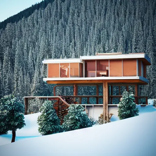 Image similar to wes anderson style modern futuristic house near the lake, snowy mountains and green forest, cinematic, realism, photo, detailed