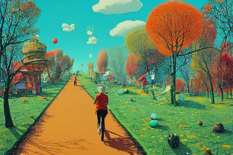 Image similar to surreal glimpse into other universe, jalan - jalan cari makan, summer morning, very coherent and colorful high contrast, art by!!!! gediminas pranckevicius!!!!, geof darrow, floralpunk screen printing woodblock, dark shadows, hard lighting, stipple brush technique,