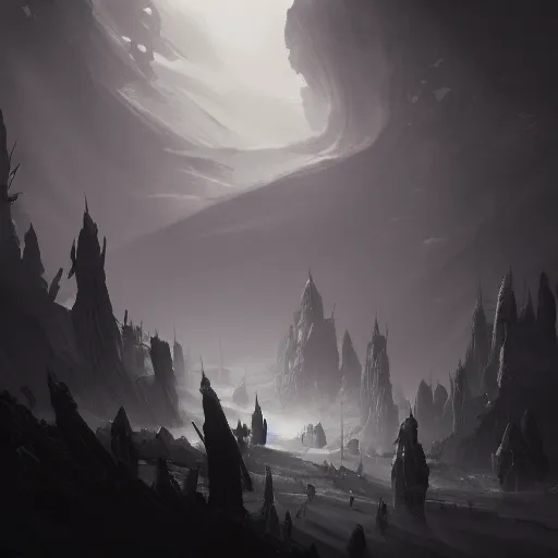 Prompt: fantasy depiction of the realm of shadows, low saturation, high contrast, mostly greyscale, in the style of marcin rubinkowski, greg rutkowski, lorenzo lanfranconi, oleg zherebin, trending on artstation