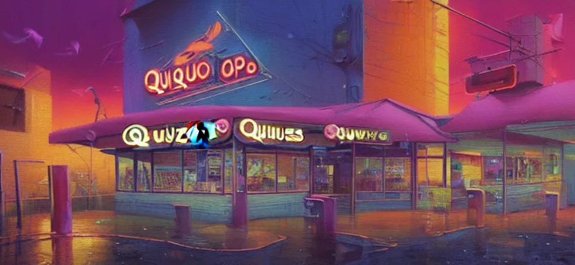 Image similar to beautiful masterpiece painting of a quiznos sandwich shop in a future radioactive glowing swamp, cryogenic day spa treatment, grunge cyberpunk, by Remedios Varo and Anato Finnstark and Greg Rutkowski, dayglo pink, dayglo blue, by Craig Mullins, ilya kuvshinov, krenz cushart, artgerm, 8k, trending on ArtStation