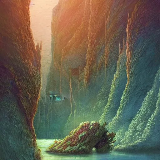 Image similar to artistic digital artwork of a lush natural scene on an alien planet. beautiful landscape by vincent bons, michael whelan and remedios varo. weird vegetation. cliffs and water. grainy and rough. interesting pastel colour palette. beautiful light. oil and water colour based on high quality render.