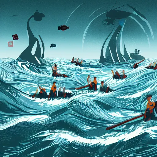 Prompt: limbus with a horde of office managers attacking the ocean, illustration, 8 k