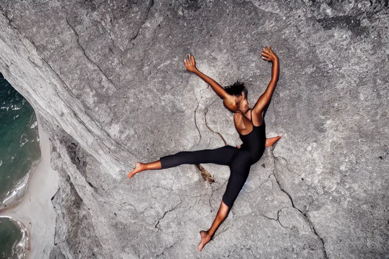 Image similar to photo of a gorgeous black model yoga on a Tesla on a cliff on the ocean By Emmanuel Lubezki