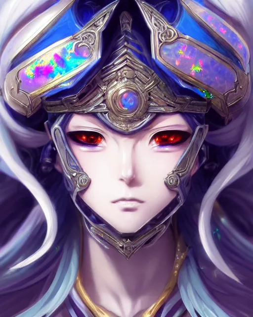 Image similar to anime portrait of an iridescent opal cyborg shinobi, intricate ornate details, morandi color scheme, fantasy, elegant, highly detailed, wide angle, digital painting, artstation, concept art, smooth, sharp focus, illustration, wallpaper, dynamic pose, splash art, league of legends, art by artgerm and greg rutkowski and bo chen and jin xiaodi