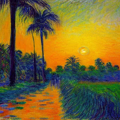 Prompt: A beautiful road with Palm trees on each side, sunset in the style of Monet