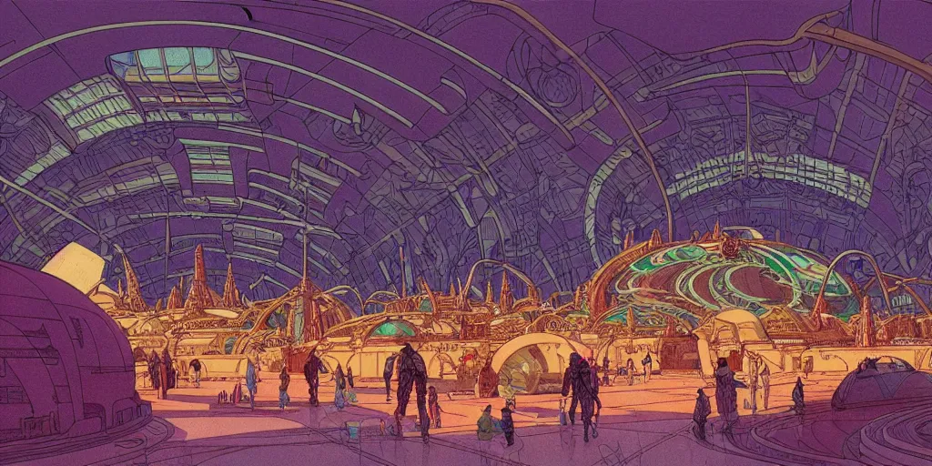 Image similar to cel shaded cinematic shot of the interior of a sci-fi space station with ornate Elven architecture bustling with people, epic castle, emerald, crystalline, detailed illustration, sharp focus, crisp lines, art by Moebius, Jean Giraud Moebius comic illustration