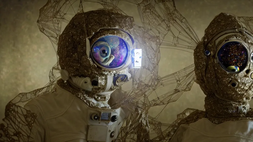 Image similar to a astronaut eva suit covered in diamond 3d fractal lace iridescent bubble 3d skin and covered with insectoid compound eye camera lenses floats through the living room, film still from the movie directed by Denis Villeneuve with art direction by Salvador Dalí, wide lens,