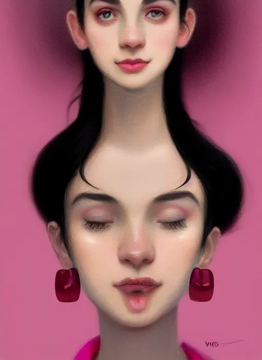 Image similar to portrait of teenage girl, narrow face, black hair, bangs, half updo hairstyle, pointy nose, skinny, smile, unattractive, defined jawline, big chin, pink hair bow, earrings, intricate, elegant, glowing lights, highly detailed, digital painting, artstation, sharp focus, illustration, art by wlop, mars ravelo and greg rutkowski