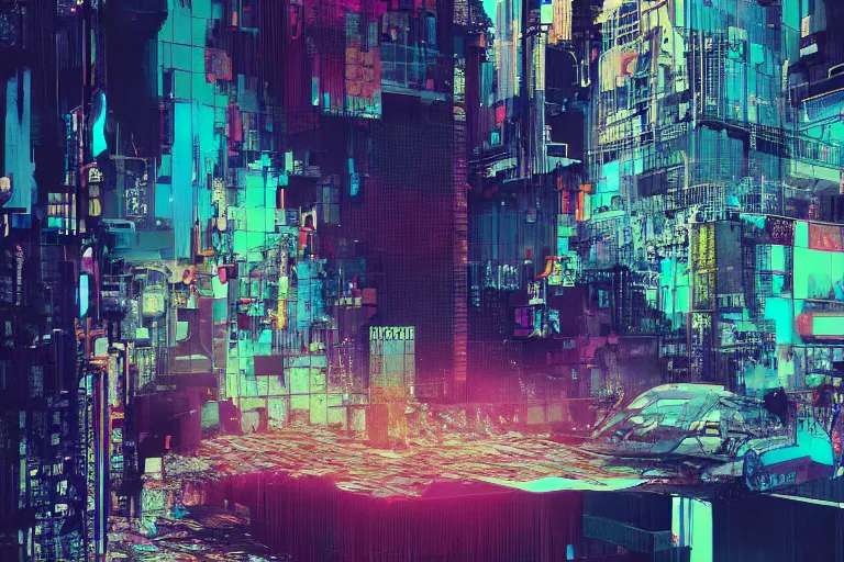 Image similar to fragmented architecture collage by atelier olschinsky and Ernst Haas, cyberpunk, (high contrast), ((oversaturated)), grafitti paint, bokeh, dof, unreal engine