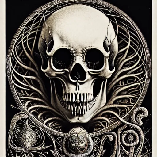 Image similar to art forms of nature by ernst haeckel, memento mori by arthur rackham, ornate antique porcelain beautiful skull mask, ultrasharp, photorealistic, hyperdetailed, octane render, polished, art nouveau, neo - gothic, gothic, intricate ornamental organic filigree, art nouveau botanicals, art forms of nature by ernst haeckel, horizontal symmetry, symbolist, visionary