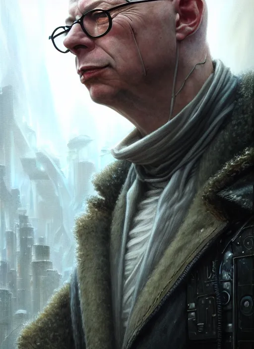 Image similar to closeup portrait shot of a cyberpunk klaus schwab in a scenic dystopian environment, intricate, elegant, highly detailed, centered, digital painting, artstation, concept art, smooth, sharp focus, illustration, artgerm, tomasz alen kopera, peter mohrbacher, donato giancola, joseph christian leyendecker, wlop, boris vallejo