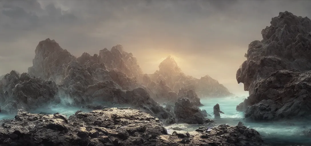 Image similar to octane render uhd, 8 k art photography, filmic lighting, cinematic art shot, hyperrealistic, hyperdetailed, super detailed, 8 k, high resolution, vast dark granite landscape with mysterious strangle glowing crystalline structure made of white rocks in the far distance, particle simulation, painting by ross tran and ivan aivazovsky, black water, sunset