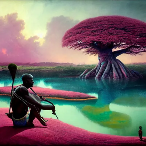 Image similar to a zulu hunter near a pink lake with a a baobab tree during a thunderstorm by greg rutkowski and android jones in a surreal portrait style, oil on canvas, 8k resolution.