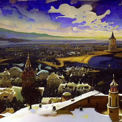 Prompt: photo beautiful magical ancient Slavic Russian city of Kitezh, fisheye lens, painting by Viktor Vasnetsov, concept art, magical city, fantasy cityscape, ancient Slavs, wooden buildings, ancient Russian architecture, terem, hyperborea, top cinematic lighting , cinematic mood, very detailed, 8k, high resolution, painting by Nicholas Roerich, trending on artstation, artstationHD,