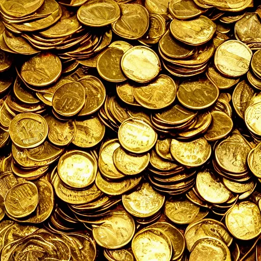 Prompt: millions of gold coins in a pile on top of a hill