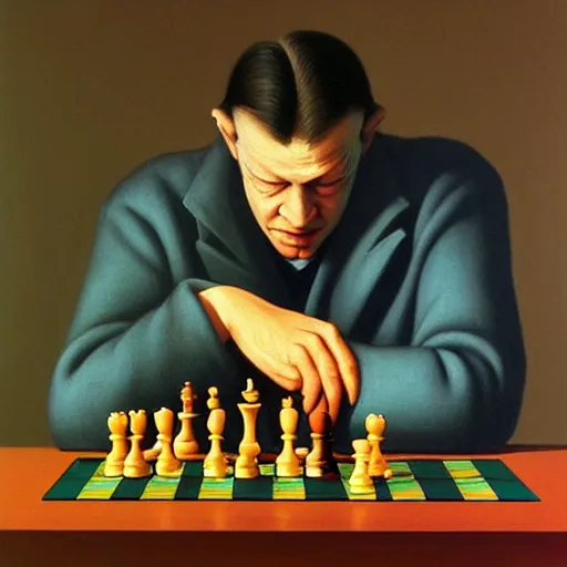 Prompt: Portrait of a man thinking hard and playing chess, Edward Hopper and James Gilleard, Zdzislaw Beksinski, Mark Ryden, Wolfgang Lettl highly detailed, hints of Yayoi Kasuma