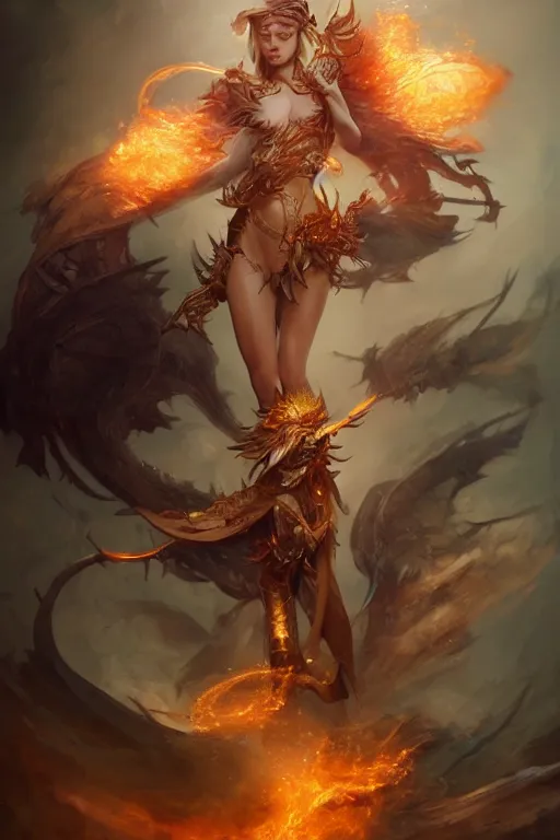 Image similar to beautiful girl sorcerer transforming into fire and golden dragon skin, casting magic spell, angel, fantasy, magic the gathering, hyper detailed, 3 d render, hyper realistic detailed portrait, peter mohrbacher, wlop, ruan jia, luis royo