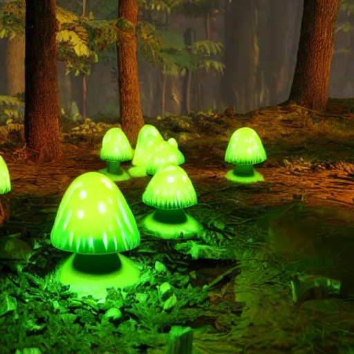 Prompt: a glowing mushroom made of green jello, gelatinous, growing in the forest, unreal engine