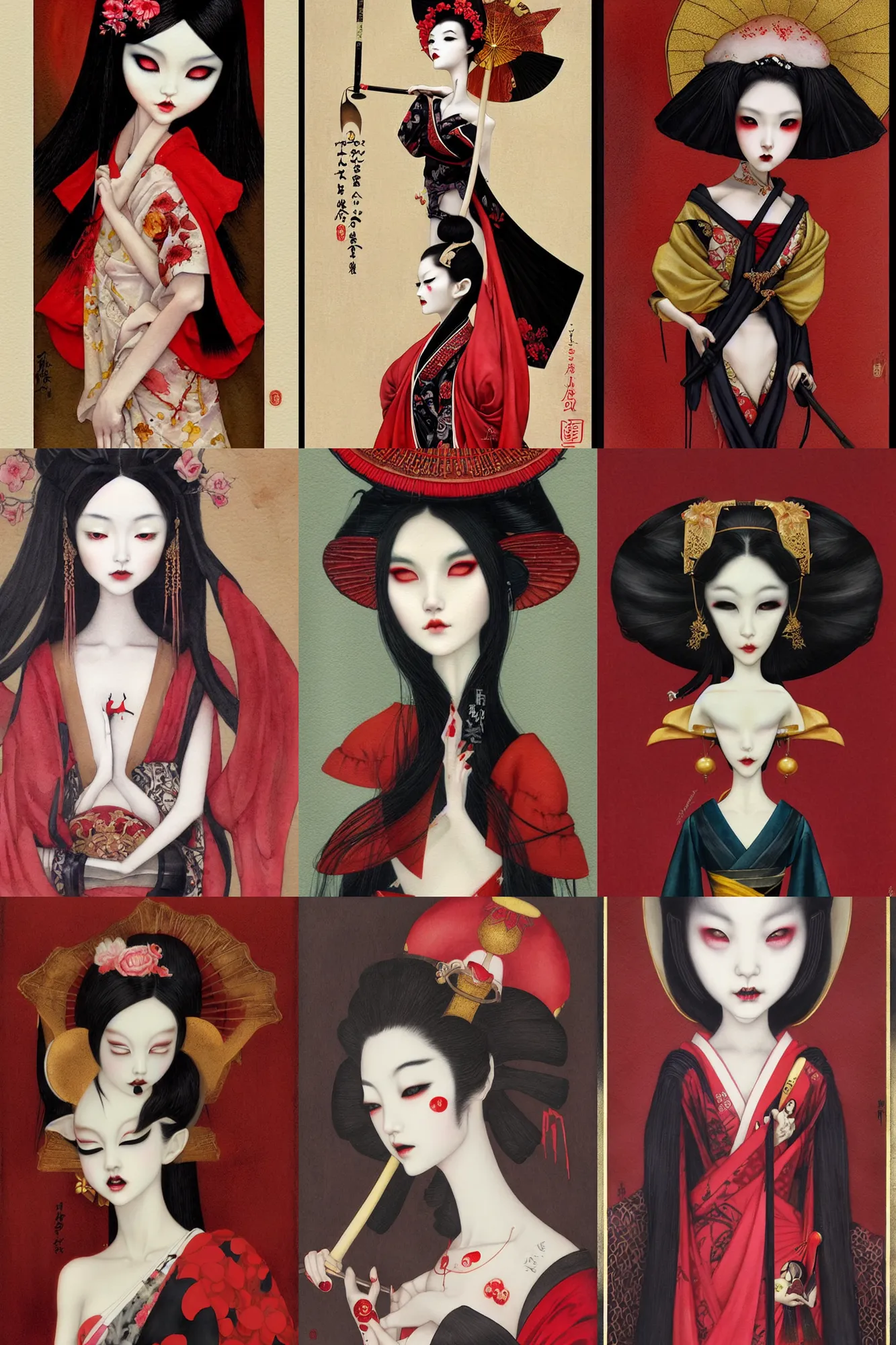 Prompt: watercolor painting of a japanese bjd geisha vampire with a long neck by tom bagshaw, amy sol, mark ryden in the style of thoth tarot card, dark - fantasy, red, gold black